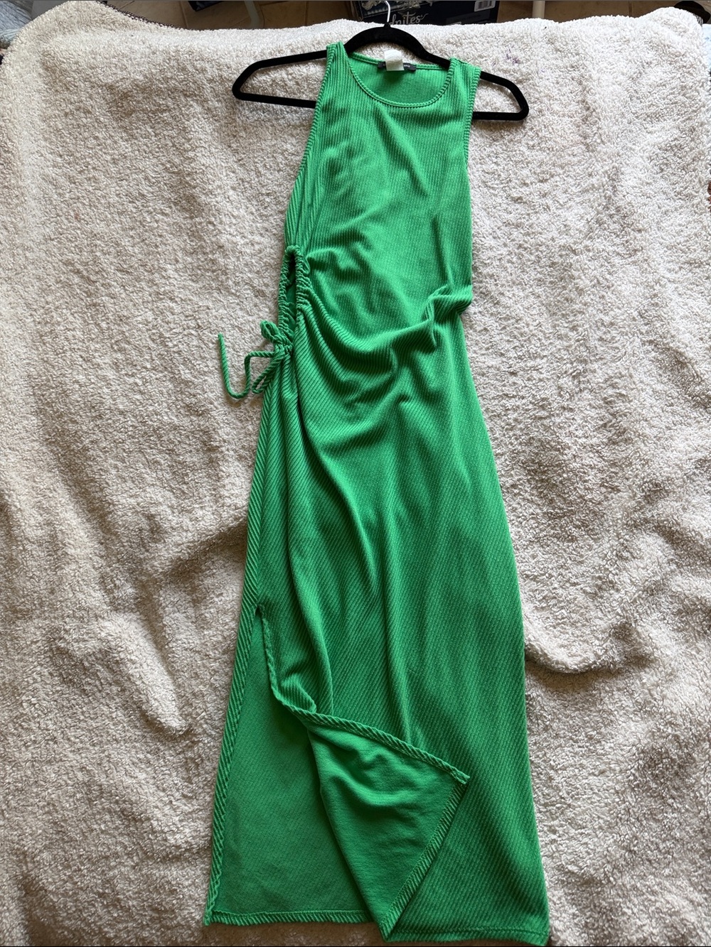Green Ribbed Side-Tie Maxi Dress